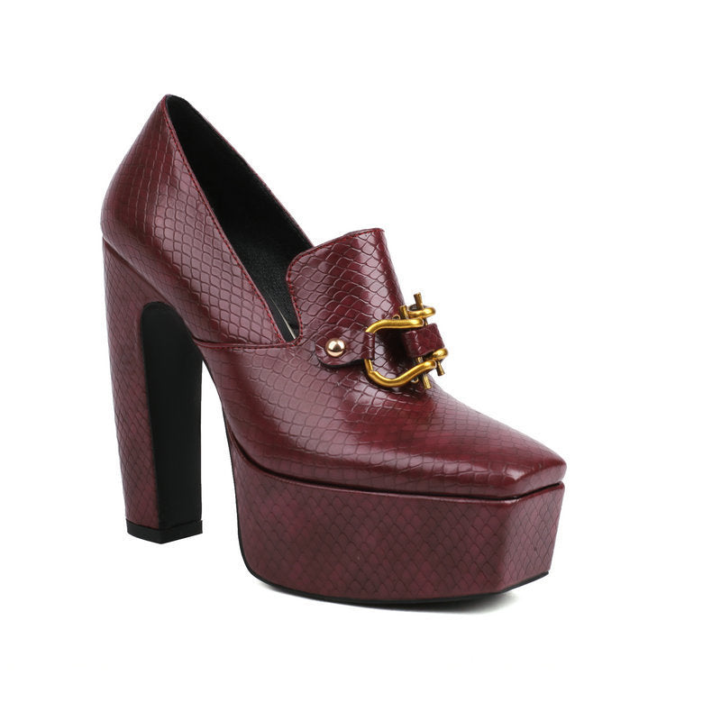 Women's Snake Pattern Square Toe Platform Thick Super Waterproof Metal Fastener Women's Fashion Shoes