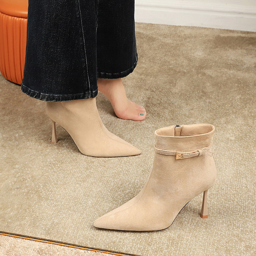 Women's Fashion Sexy Pointed Toe Suede Stiletto Belt Buckle Side Zipper Women's Leather Boots