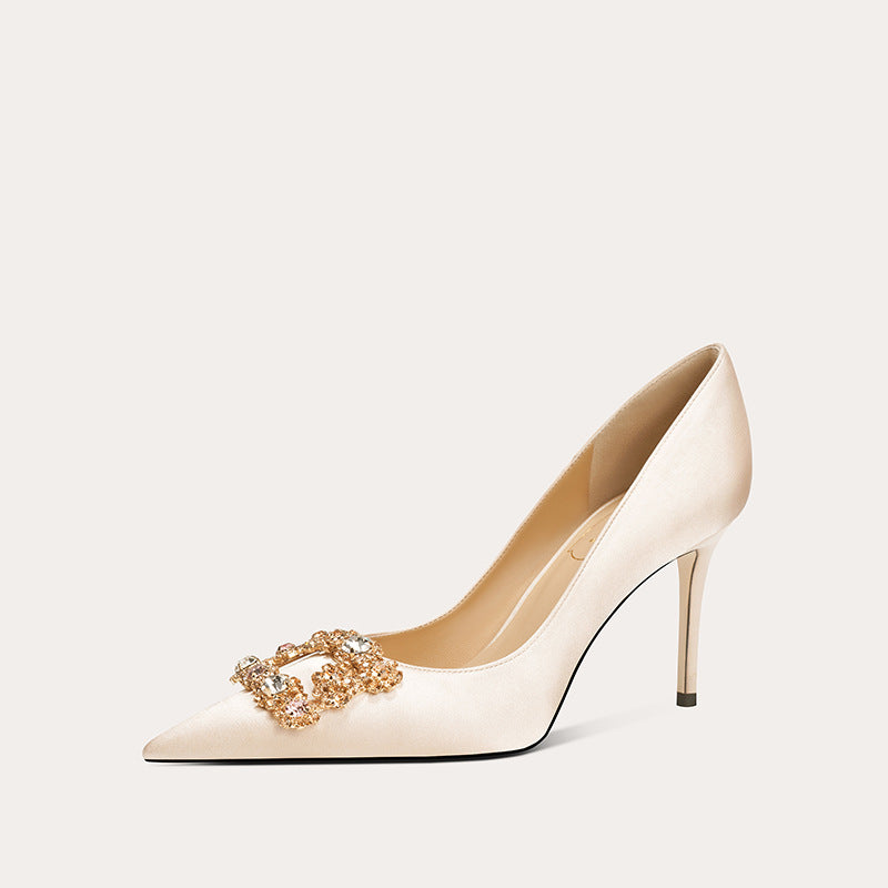 Pointed Toe Pumps Square Buckle Rhinestone Wedding Bride Main Yarn Women's Fashion Shoes