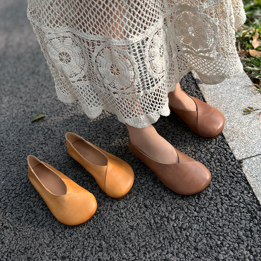 Women's Mori Style Retro Flat Bottom Soft Surface Slip-on Low-cut Cowhide Men's Shoes