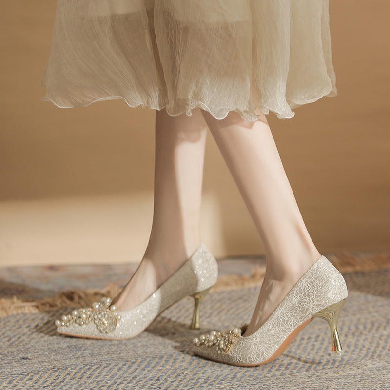 Women's French Wedding Pearl Rhinestone Dress Bridal Women's Fashion Shoes