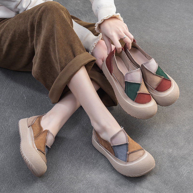 Women's Matching Patch Top Layer Cowhide Comfortable Men's Shoes