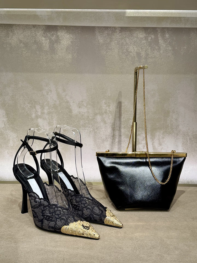 Women's Lace Embroidered Mesh Closed Toe Stiletto Pointed High Heeled Sandals