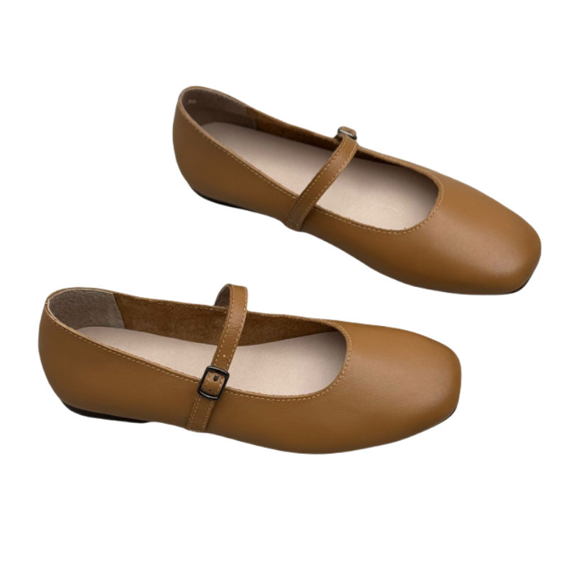 Women's Pumps Artistic Buckle Round Toe Flat Bottom Soft Cowhide Women's Casual Shoes