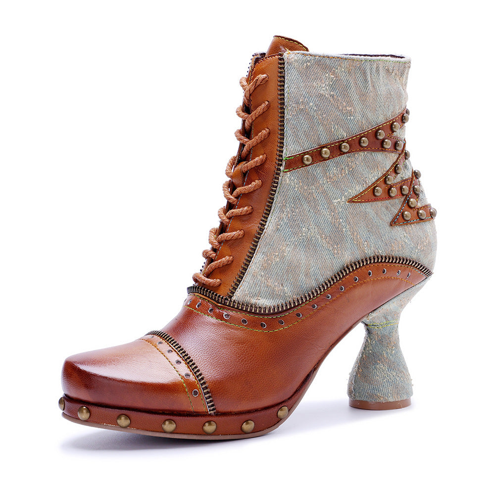 Women's Hand-rub Color Stitching Locomotive Rivet Tie Women's Leather Boots