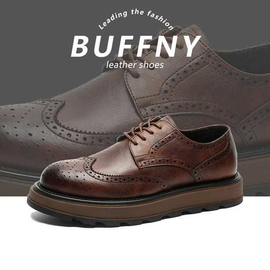 Men's Style Vintage Engraving Commute Thick Sole Increased Derby Men's Business Leather Shoes