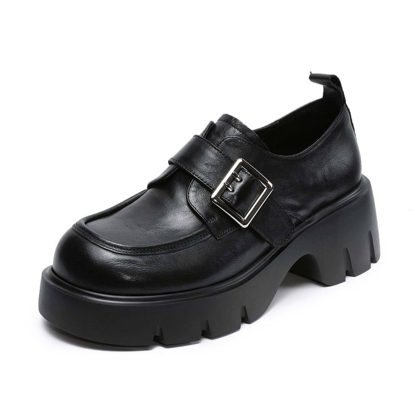 Women's British Retro Platform Spring Black Velcro Deep Mouth Belt Women's Casual Shoes