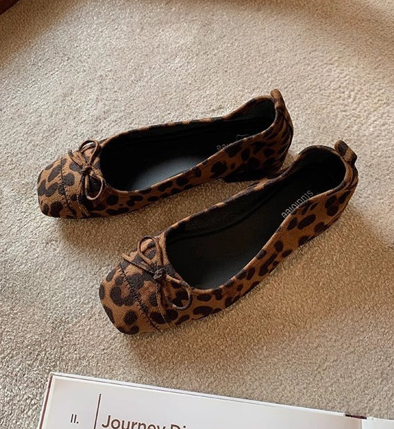 Women's Low-cut Bow Small Chunky Leopard Print Women's Shoes