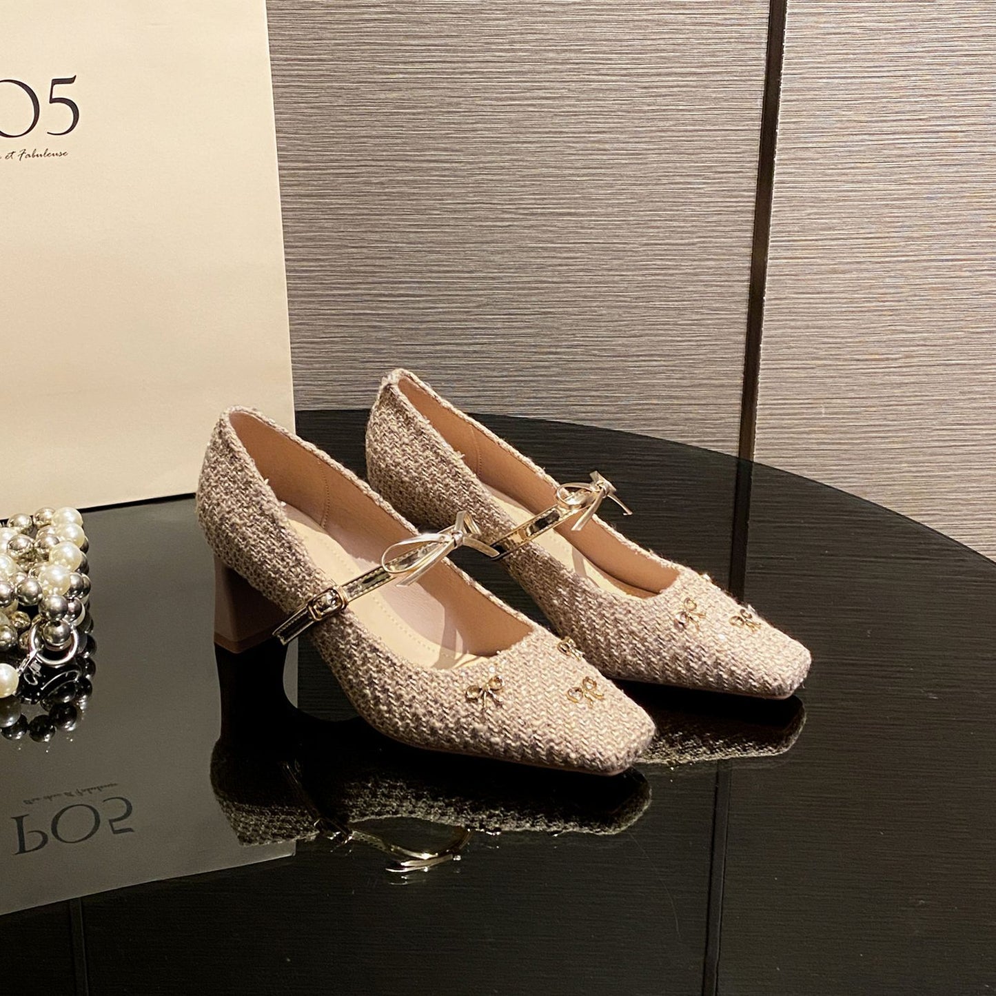 Women's Chunky Square Toe Mary Jane French Style Bow Woven Surface Women's Fashion Shoes
