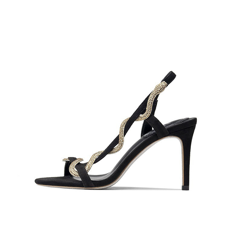 Women's Summer Beautiful Dignified Rhinestone Snake-shaped Open High Heeled Sandals