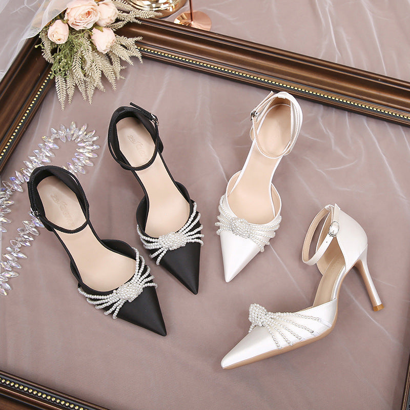 Women's Pearl Pointed Toe Stiletto Buckle Strap High Sexy Satin Pumps Heels