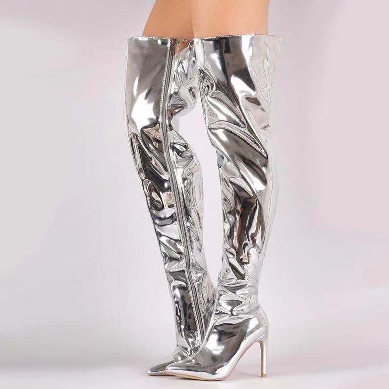 Women's Stiletto Pointed Toe Sexy Mirror Patent Over The Knee Women's Leather Boots