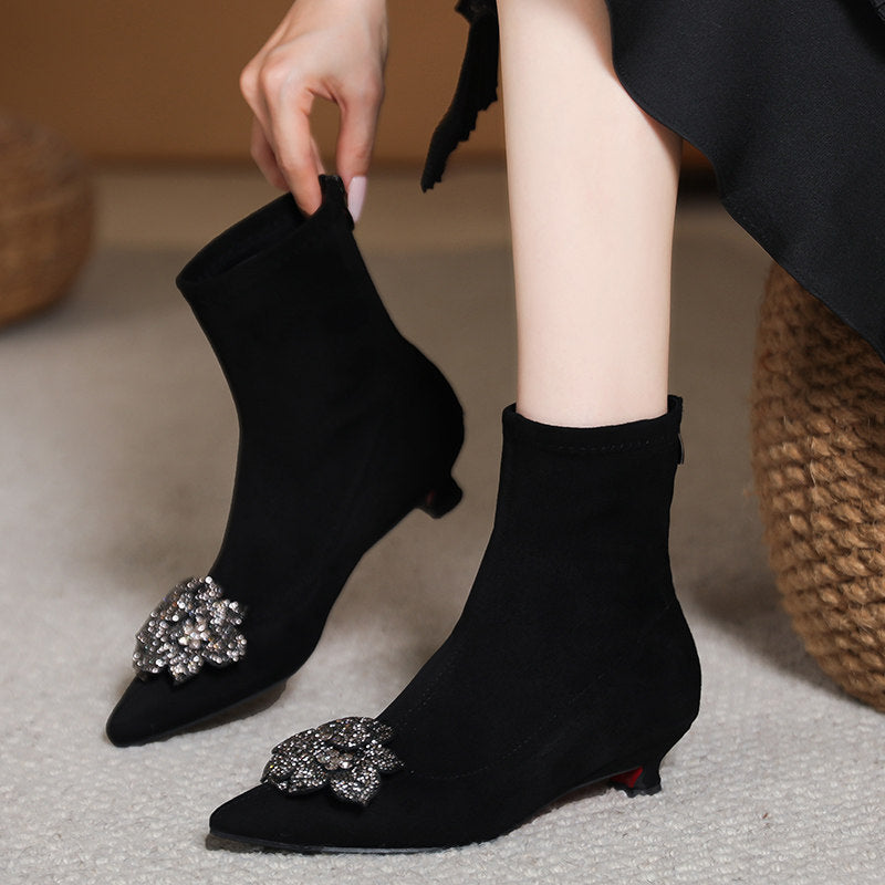 Women's Flower Short Pointed Plus Size Stretch Back Zipper Autumn Small Boots