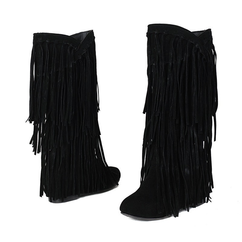 Women's Large Size Tassel Preppy Style Flat Women's Leather Boots