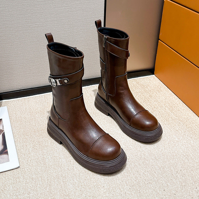 Women's Thick Bottom Soft Brown Martin Retro Length Short Women's Leather Boots
