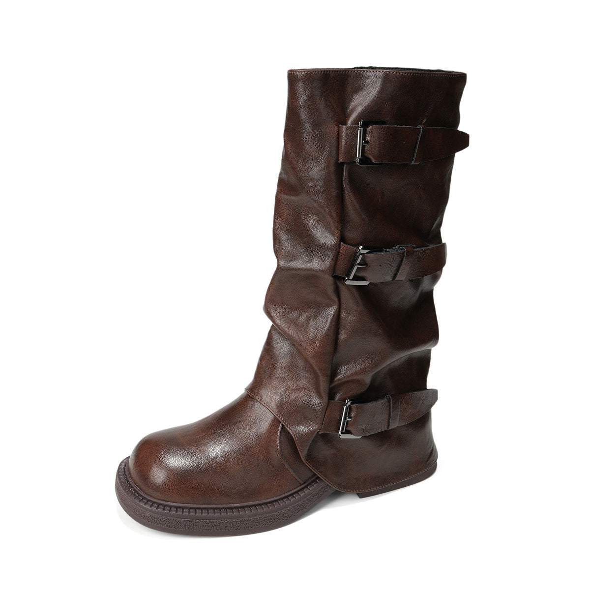 Women's Version Belt Buckle Pleated Platform Middle Boots