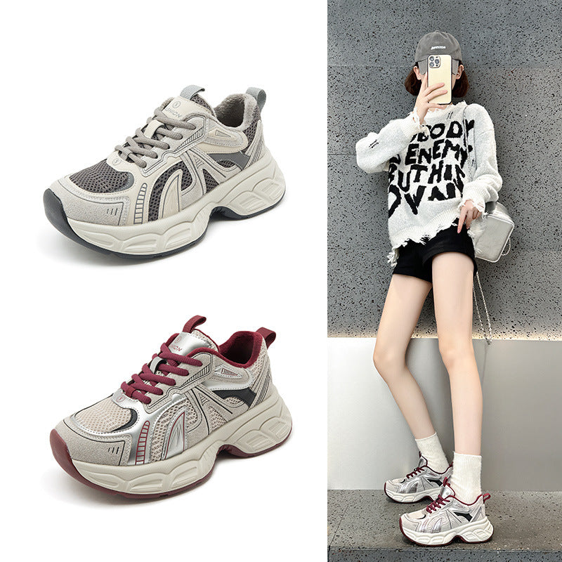 Women's Retro Platform Dad Fleece-lined Red Pair Of Shoelace Women's Sports Shoes
