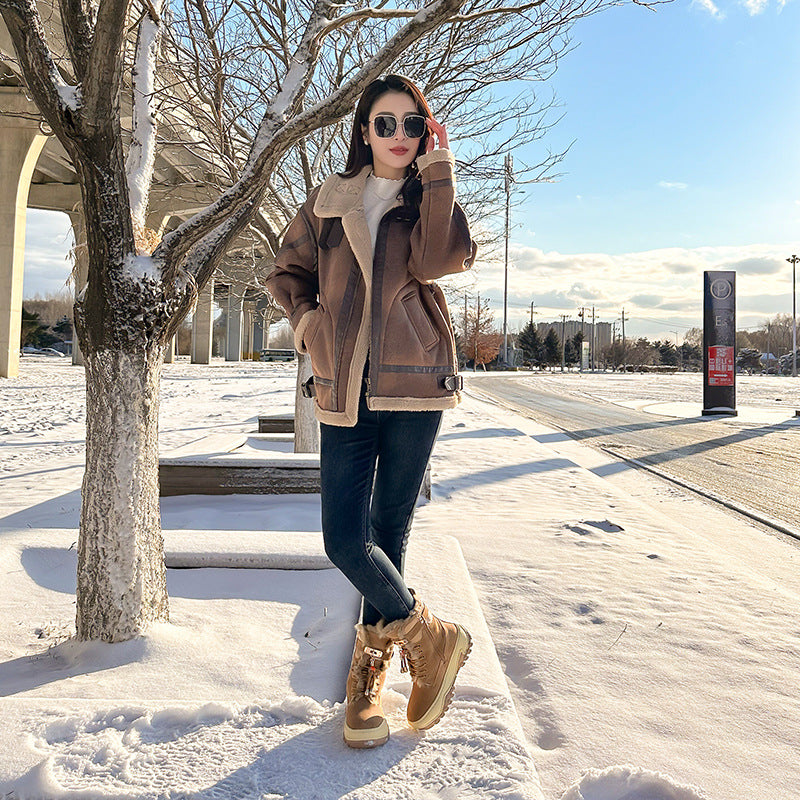 Women's Winter Fur Integrated Wool Fleece Lined Warm Snow Boots
