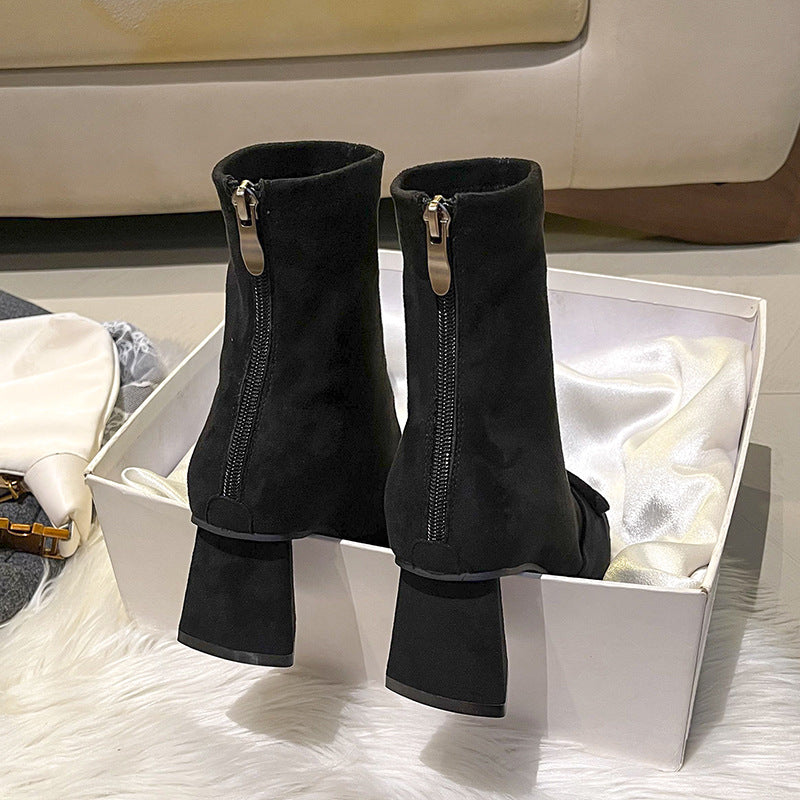Women's Bow Back Zipper Temperament Square Toe High Short Thick Women's Leather Boots