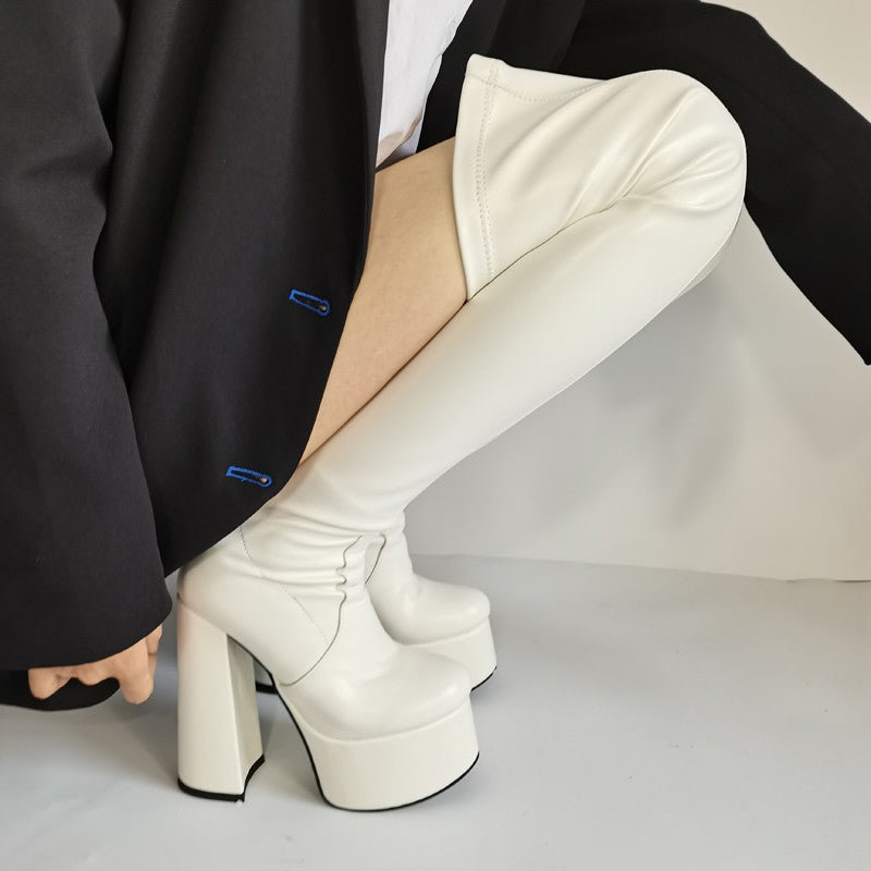 Women's Chunky Waterproof Platform Patent Round Toe High White Heels