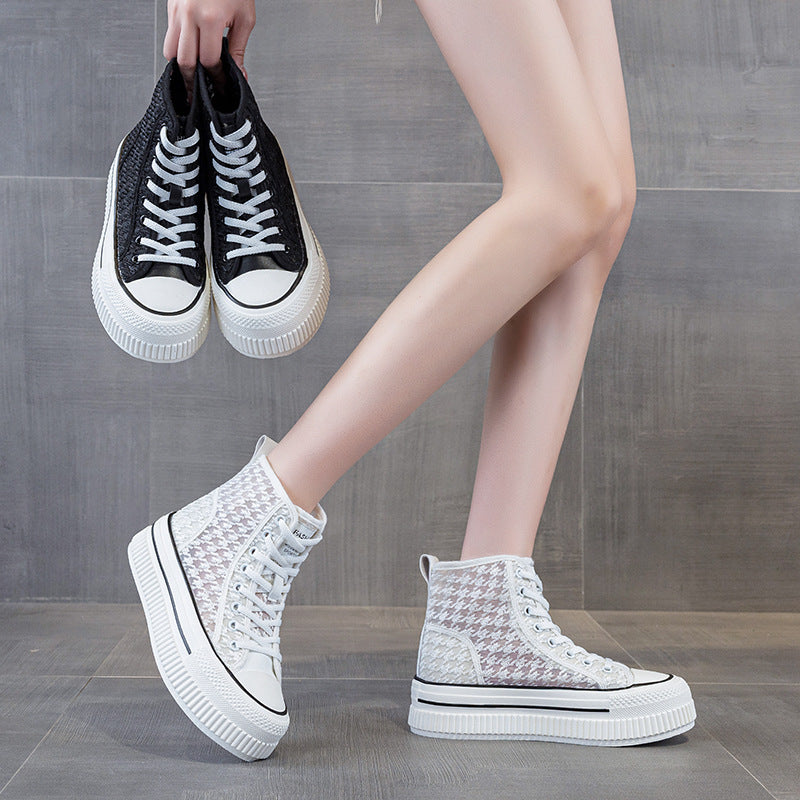 Women's High Top White Genuine Platform Round Toe Stitching Sneakers