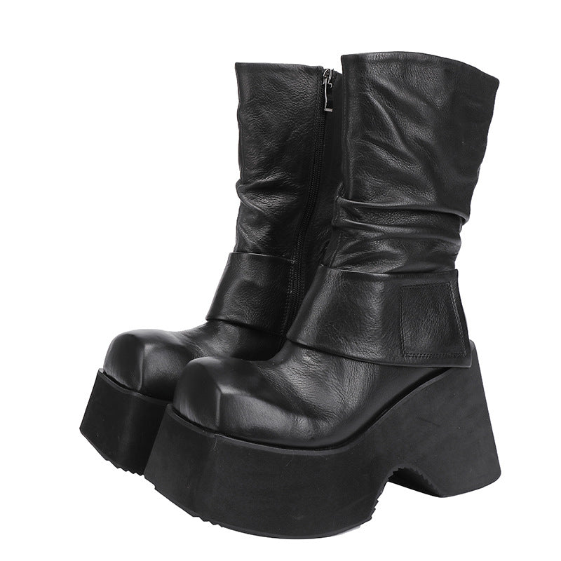 Women's Genuine Retro Handmade Small Pleated Full Light Boots