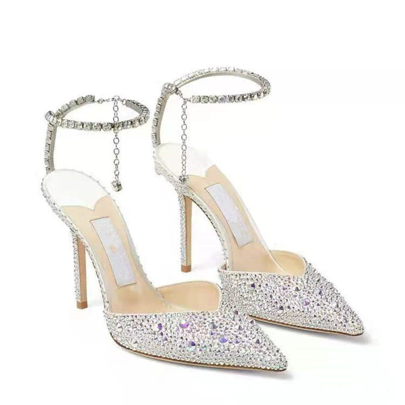Women's Crystal Chain Low-cut Stilettos Buckle Rhinestone Sandals