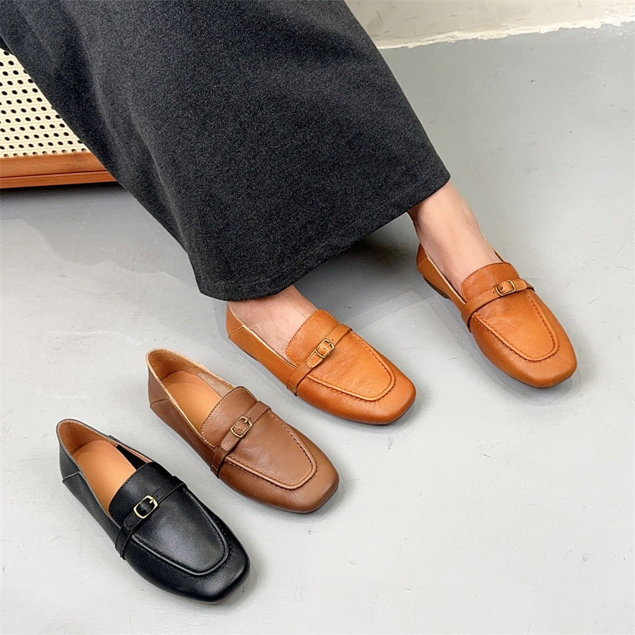 Women's Spring Shopping Mall British First Layer Cowhide Soft Bottom Loafers