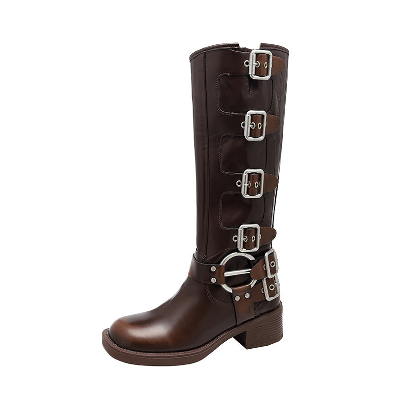 Chunky Below The Knee Long British Style Brushed Western Denim Women's Leather Boots