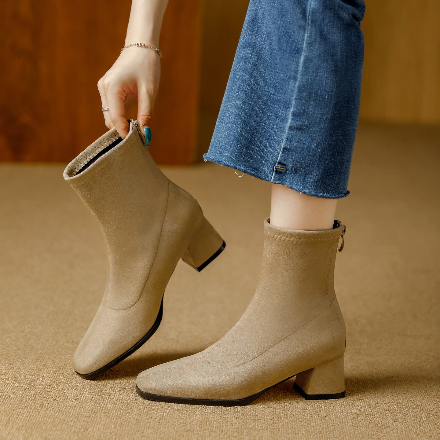 Women's French Square Toe Chunky Suede Ankle Boots