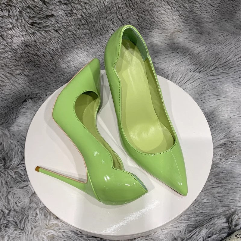 Women's Large Size Green Patent Side V Pointed Low-cut Women's Fashion Shoes