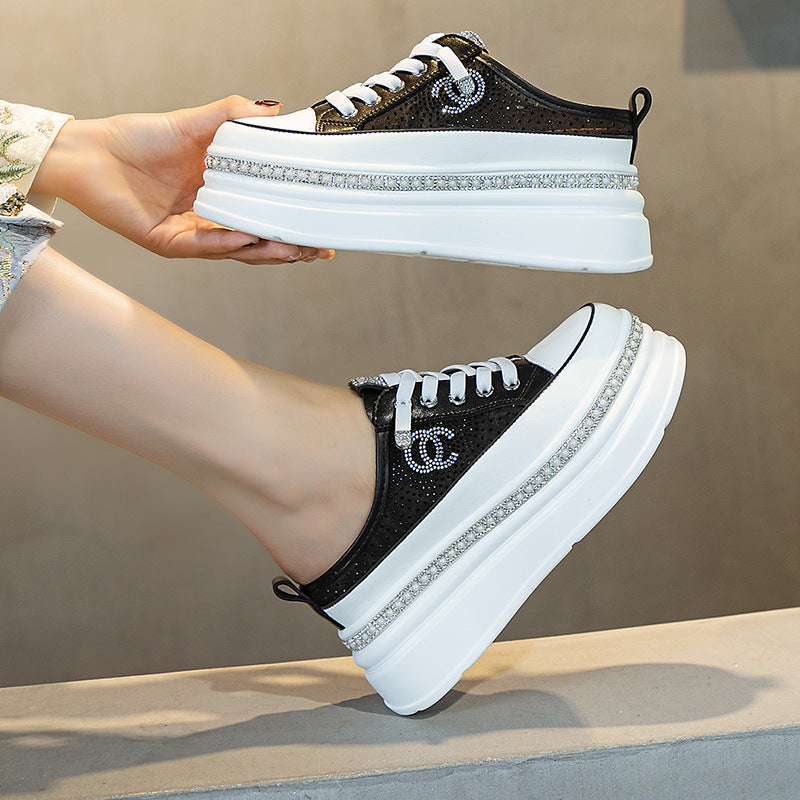 Women's Mesh Pearl Rhinestone Classic Style Leisure Thick-soles Slippers