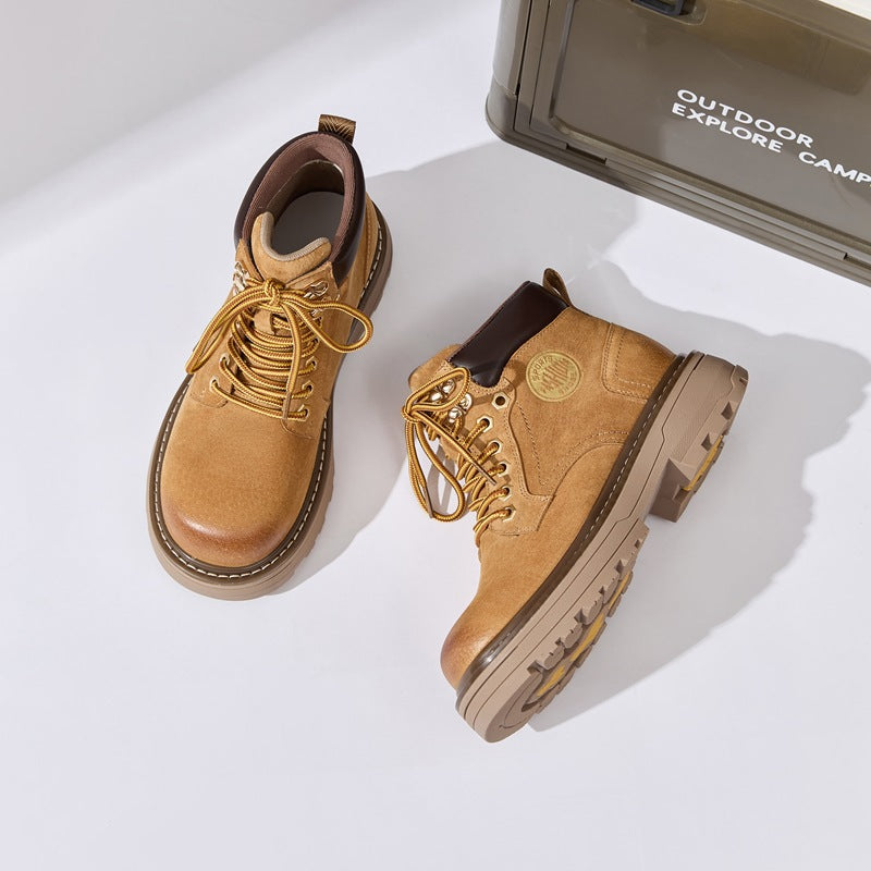 Wang Worker Couple Outdoor Travel Height Increasing Insole Platform Women's Leather Boots