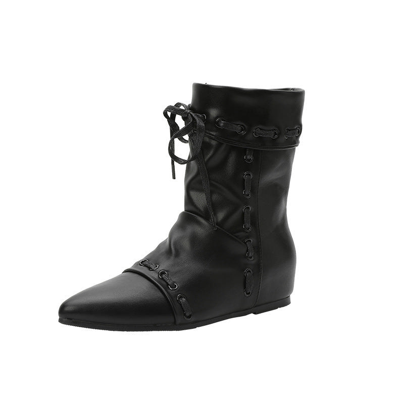Women's French Style Height Increasing Insole Western Pointed Toe Flat Ankle Women's Leather Boots