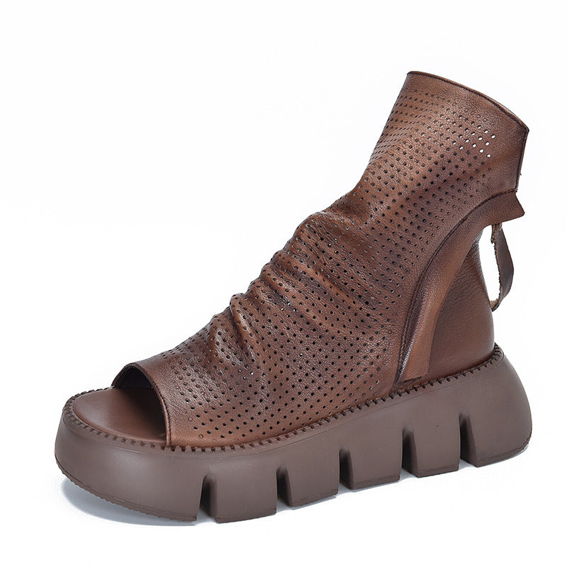 Women's Fashion Platform Cowhide Genuine Hole Peep Flat Sandals