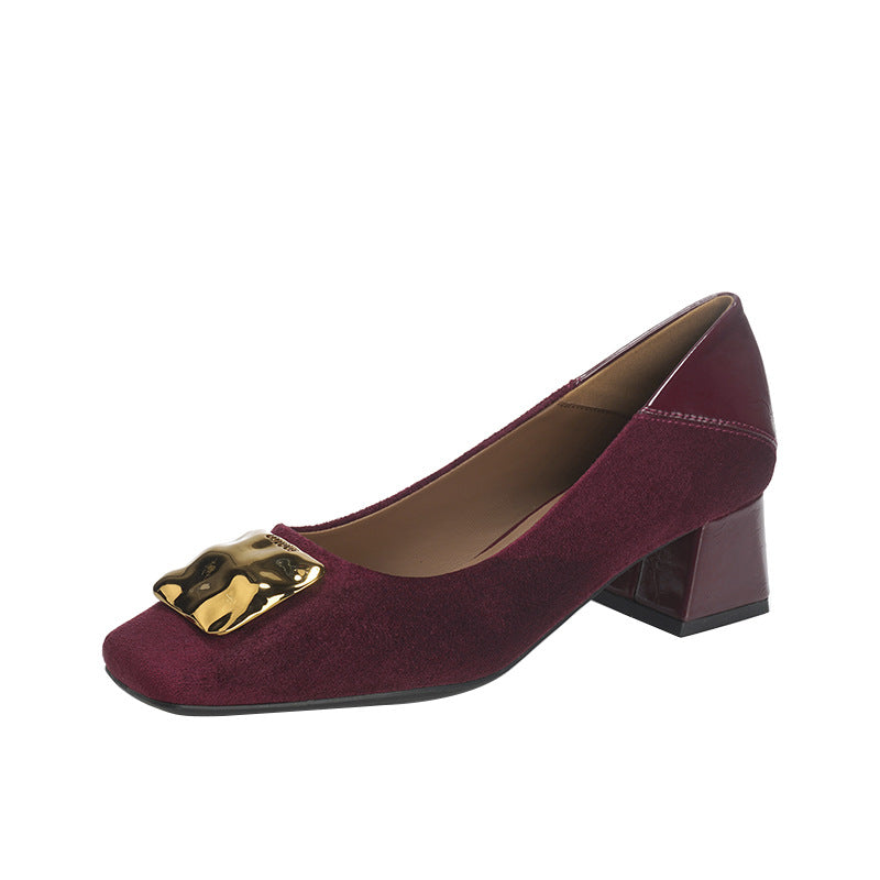 Women's Cashmere Square Toe Chunky Pumps Belt Mary Heels