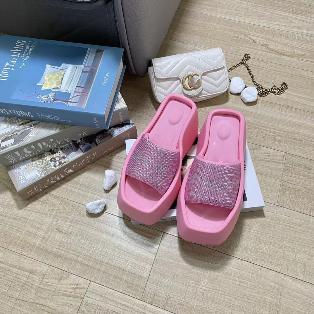 Women's Thick-soled Square Toe Outdoor One-word Slippers