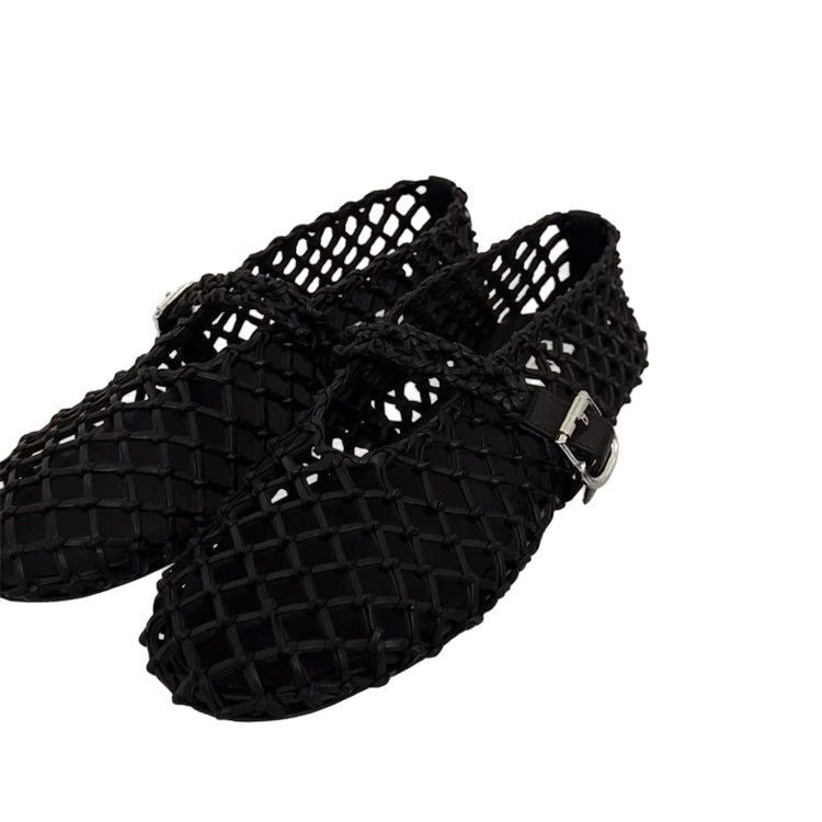 Women's Sheepskin Version Woven Hollowed Mary Jane Ballet Low-cut Flat Women's Fashion Shoes