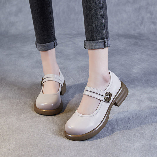 Women's Layer Cowhide French Style Mary Jane Spring White Leather Shoes