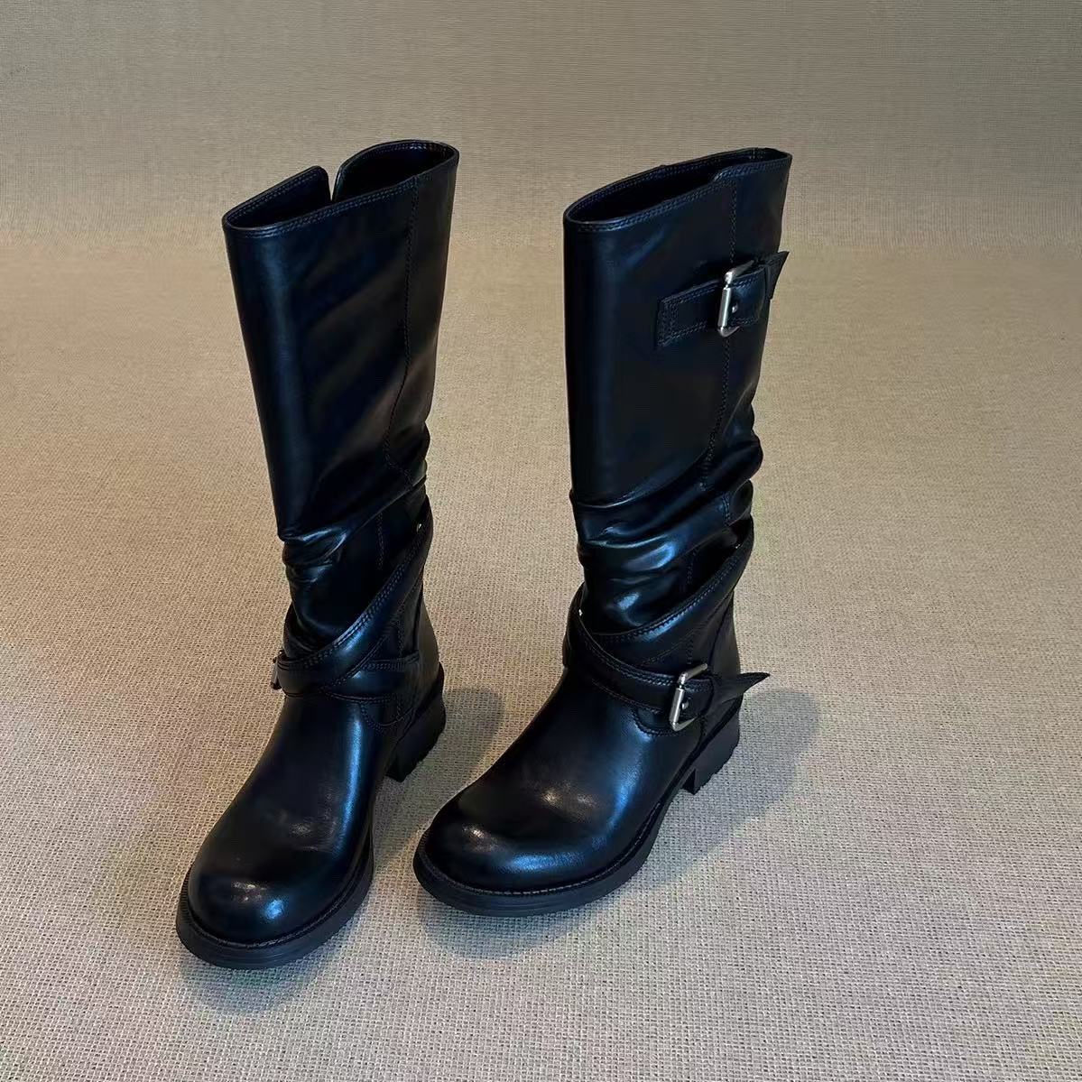 Women's Buckle Chunky Knight Fashionable Round Toe Pile Style Heels