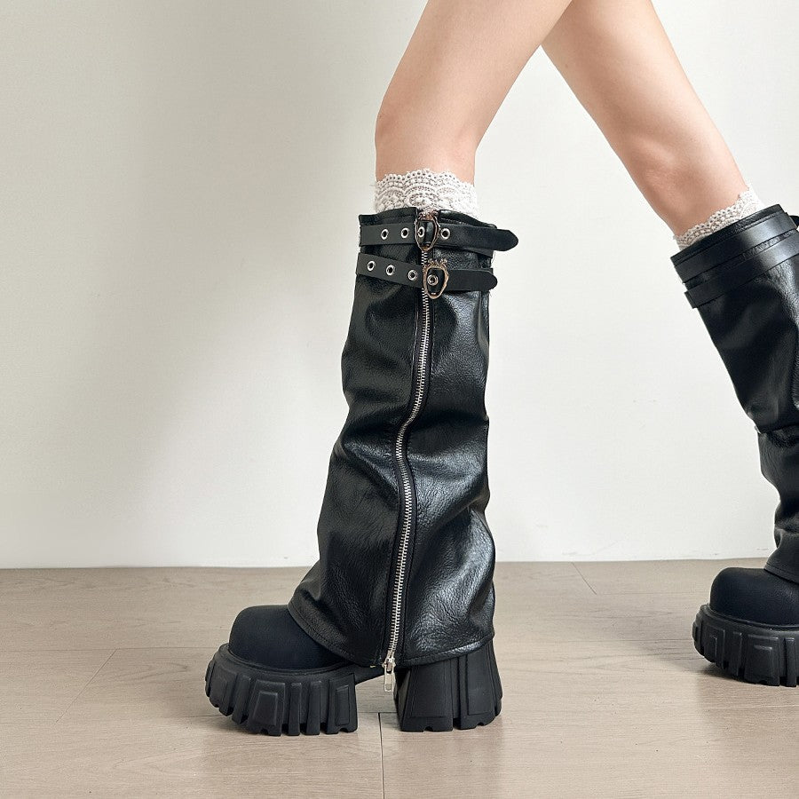 Small Height Increased Leg Warmer Knee-high Black Motorcycle Pants Martin Women's Leather Boots