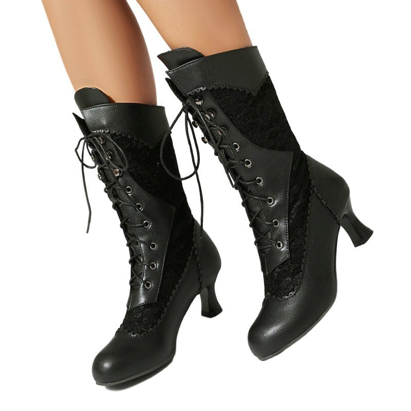 Women's Style Mid Vintage Lace Stitching Chunky High Front Large Women's Leather Boots