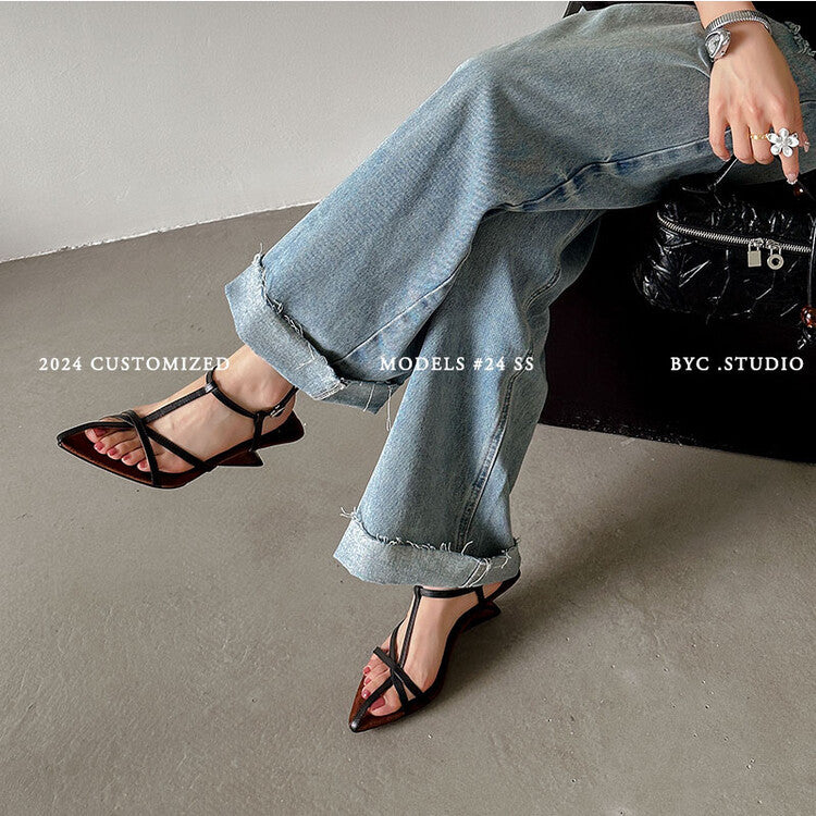 Women's Fashion Summer Cowhide Thin Strap Open Toe High Heeled Sandals