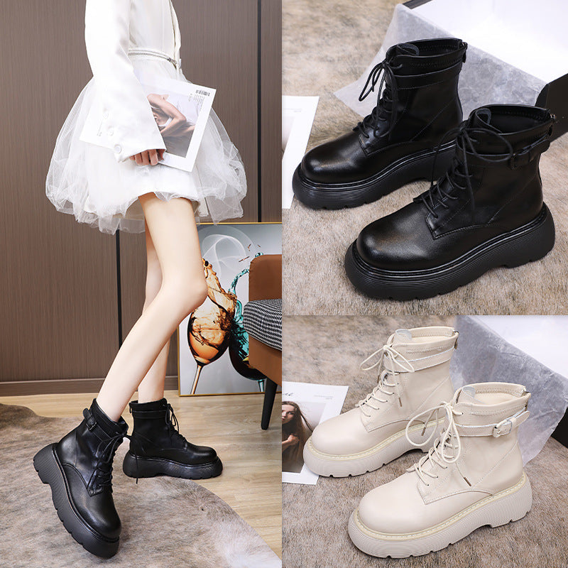 Women's Martin Chunky Ankle Vintage Buckle Fleece Lined Round Women's Leather Boots