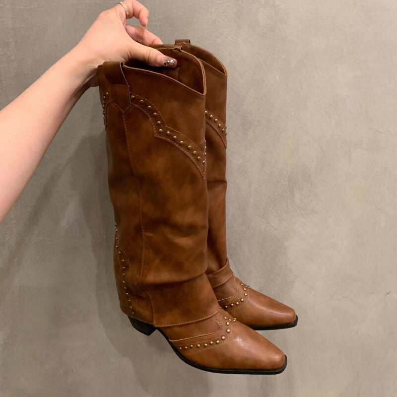 Women's Style Pointed Toe Pantyhose Autumn Rivets Long Below The Women's Leather Boots