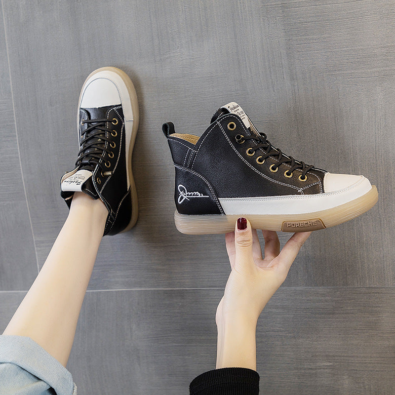 Women's High Top White Flat Mori Board Layer Cowhide Casual Shoes