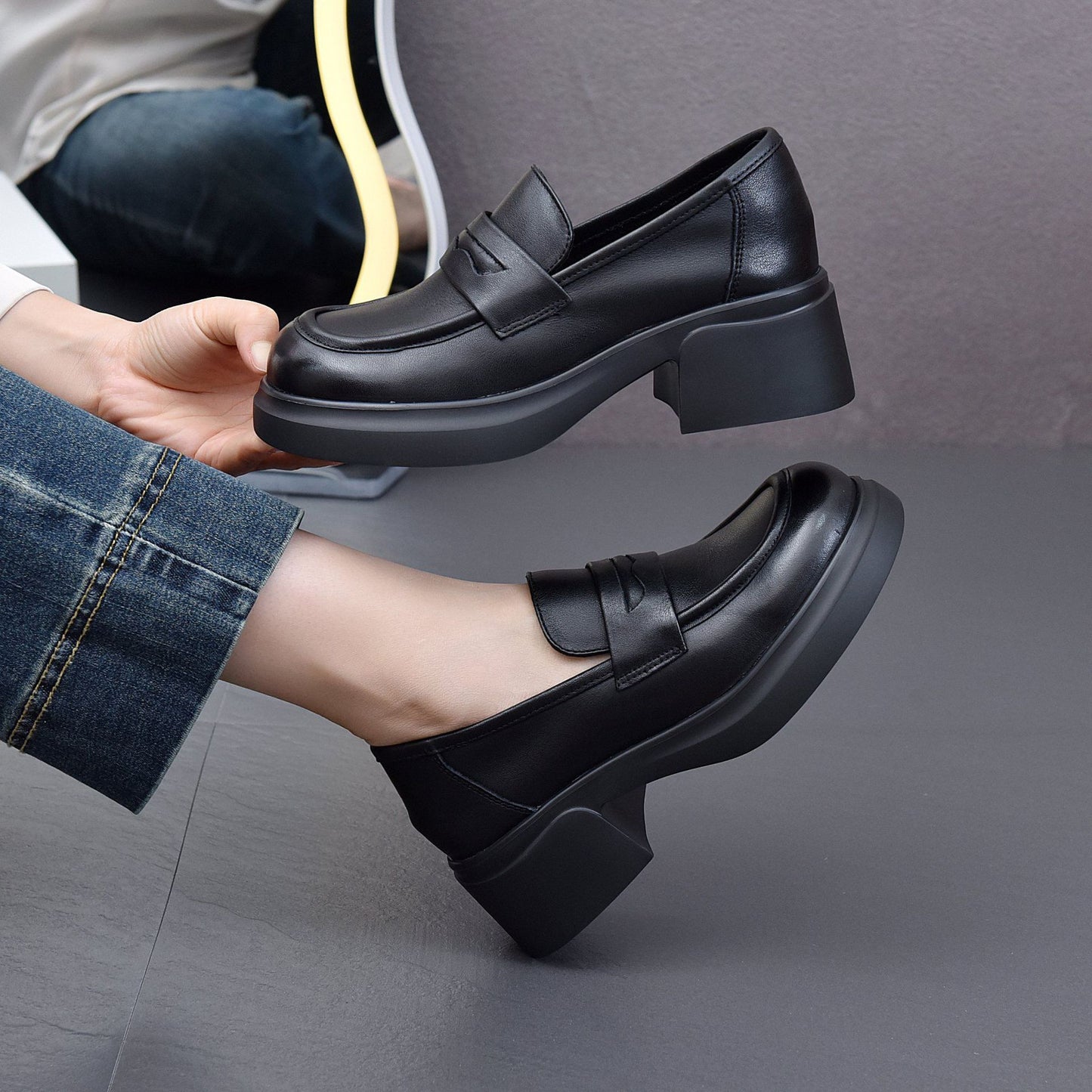 Women's First Layer Cowhide Black British Style Platform Autumn Loafers