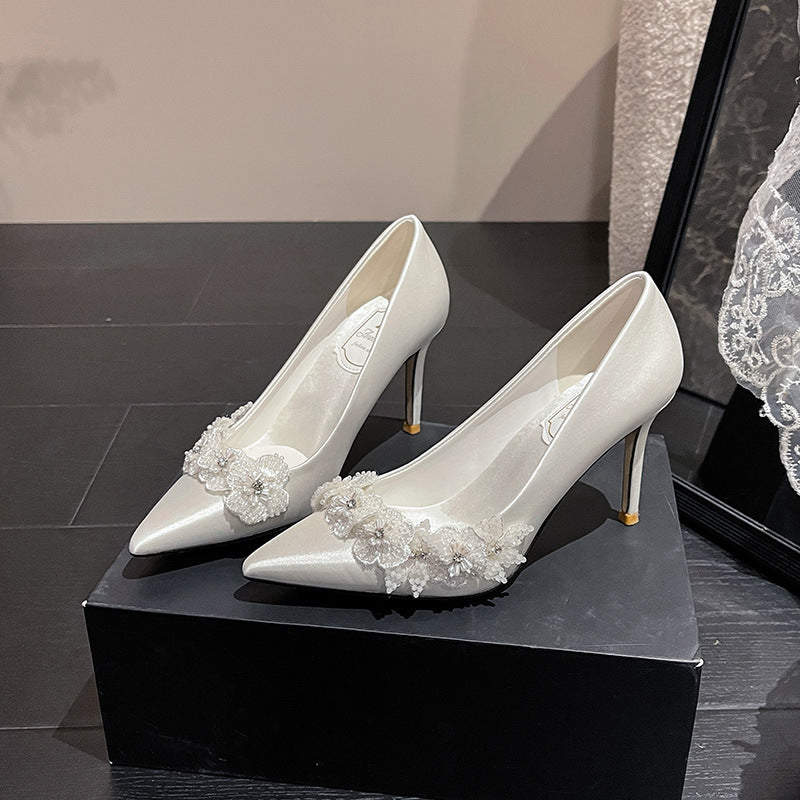 French Wedding Bridal Fairy Style Elegant Bridesmaid Dress High Stiletto Women's Fashion Shoes