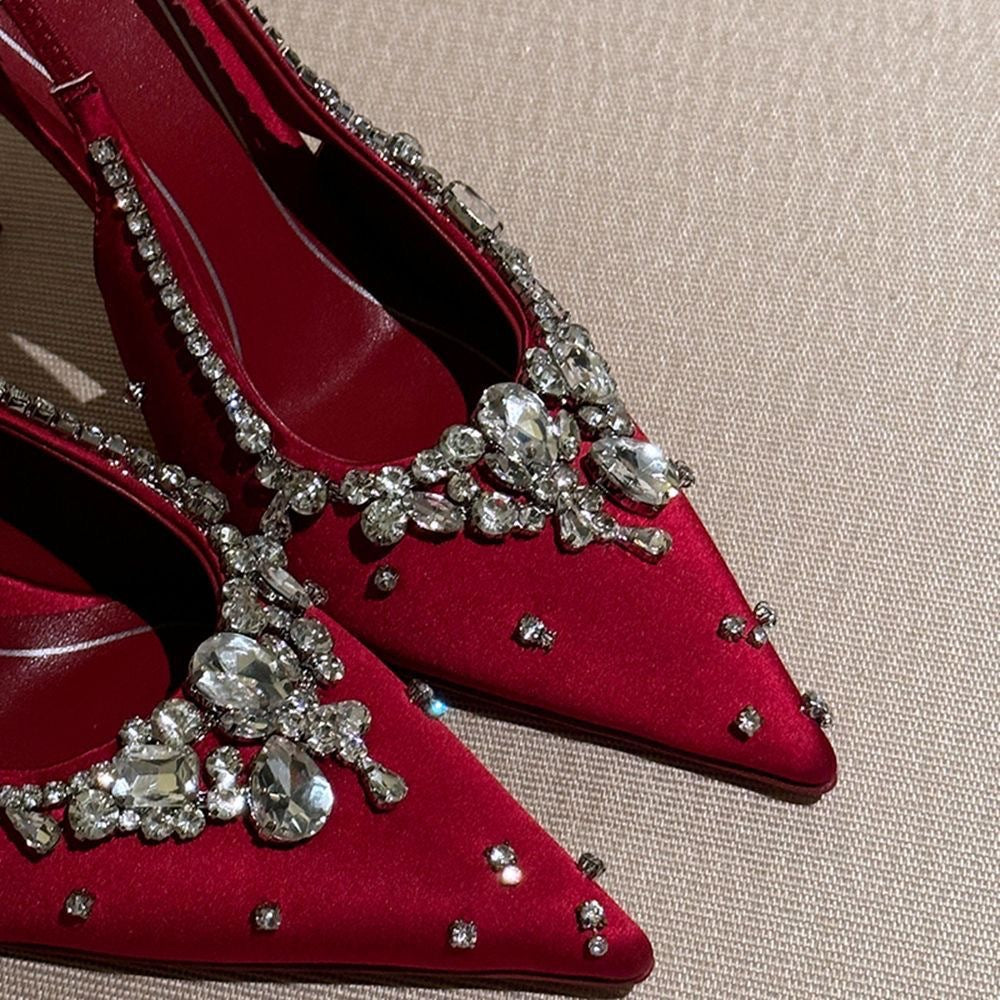 Summer Fairy Diamond Pointed Toe Stiletto Red Silk High Heeled Sandals