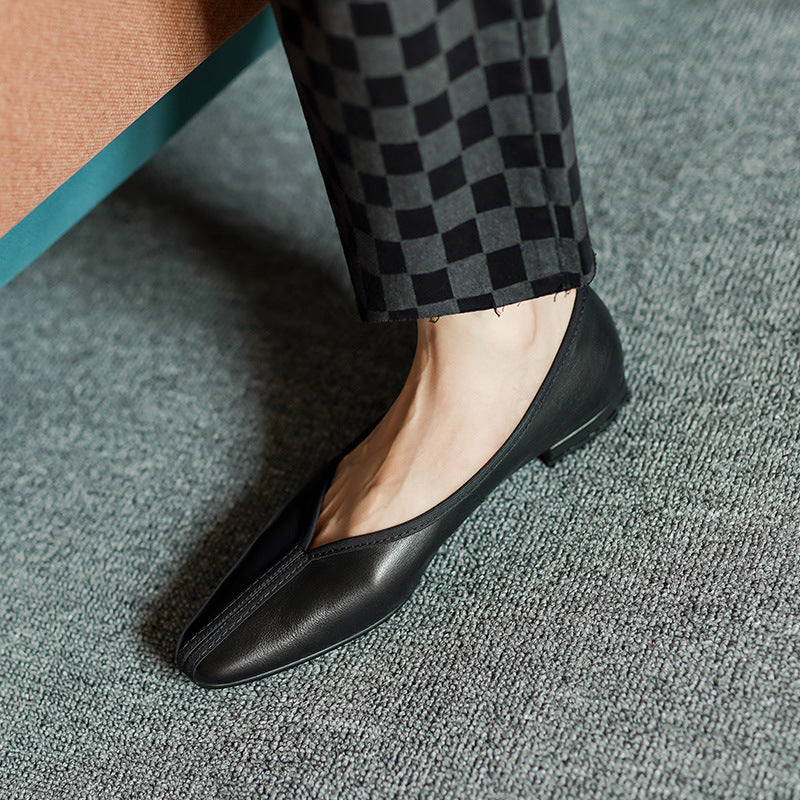 Cowhide Square Toe Low Low-cut Grandma Heels